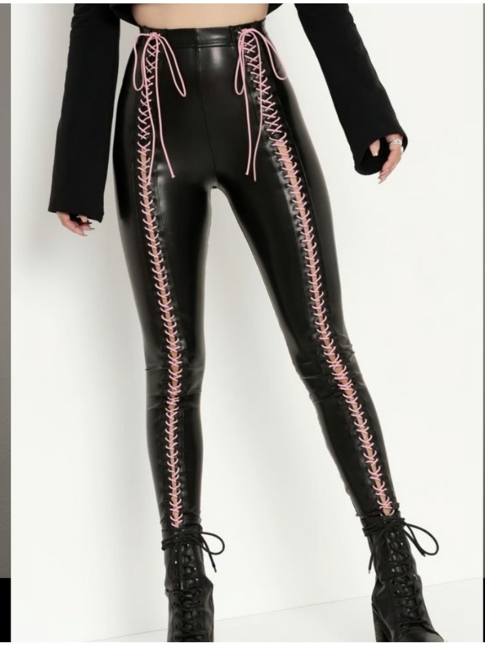 NWT! Blackmilk Time Traveler Pink & Black PVC Vinyl high waist leggings sz. L